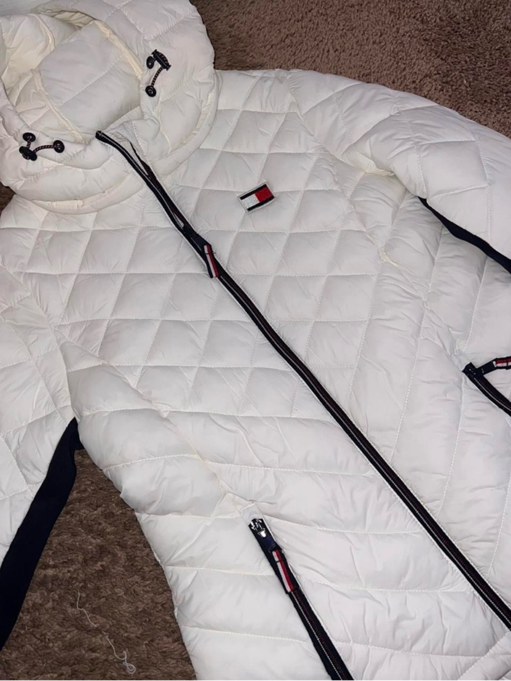 Tommy Hilfiger White Puffer Jacket with Navy & Red Trim